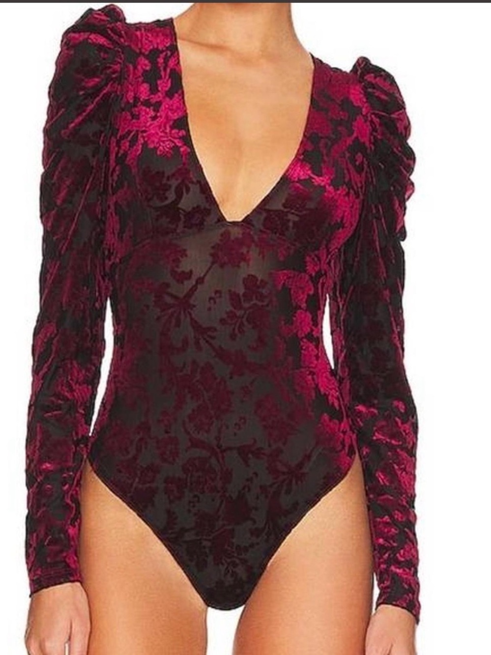 Women's Deep V Velvet Burnout Bodysuit in Wine
